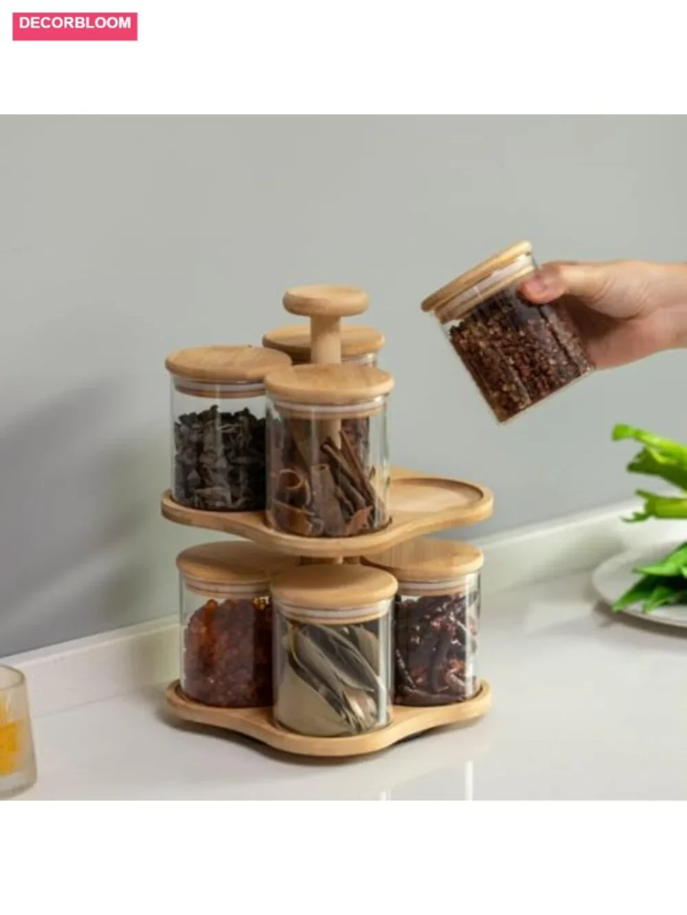 Two-Tier Bamboo Lazy Susan Turntable with 8 Airtight Glass Jars Spice Rack